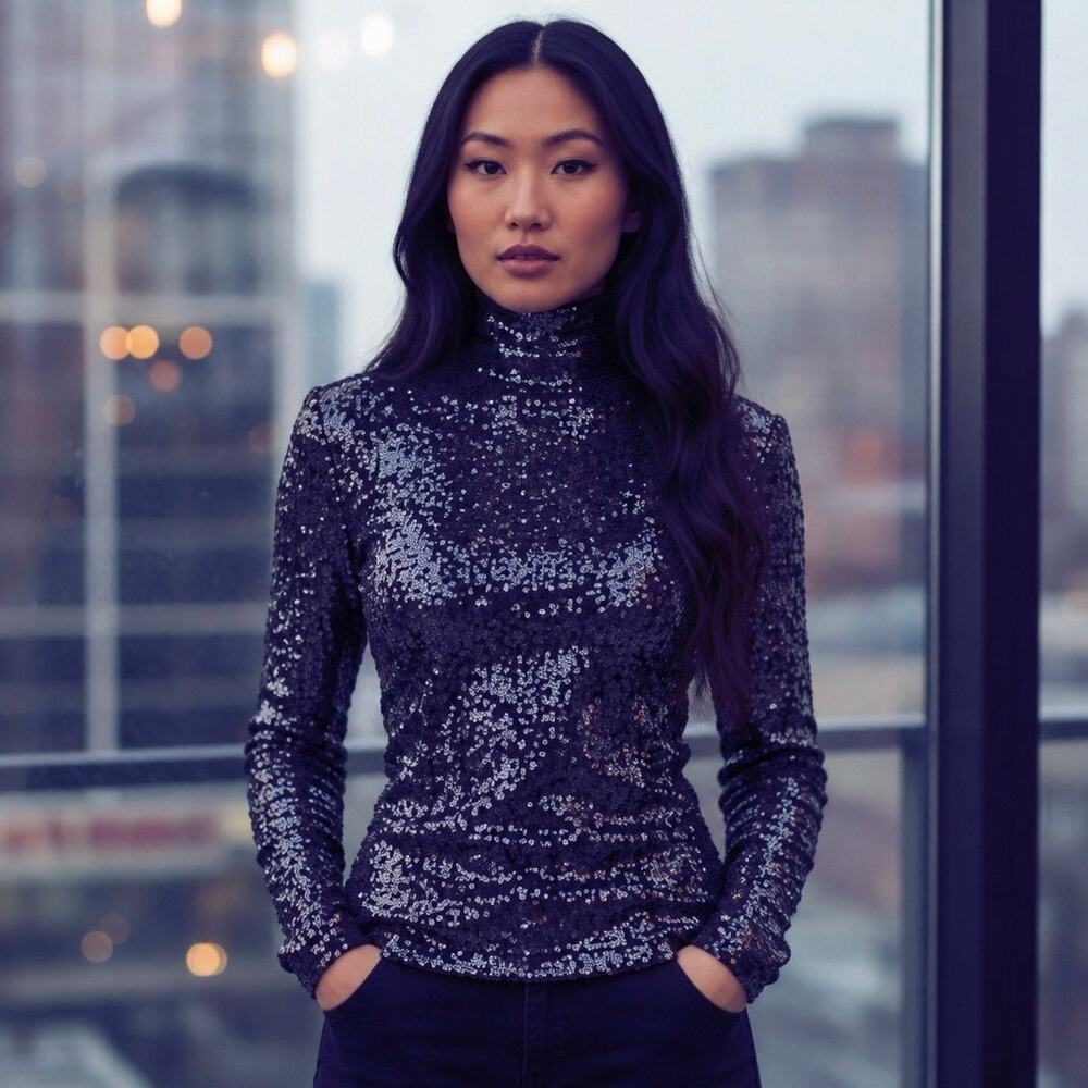 Polo by Ralph Lauren Navy Sequin Turtleneck Top Back Zipper NWT XS MSRP $298